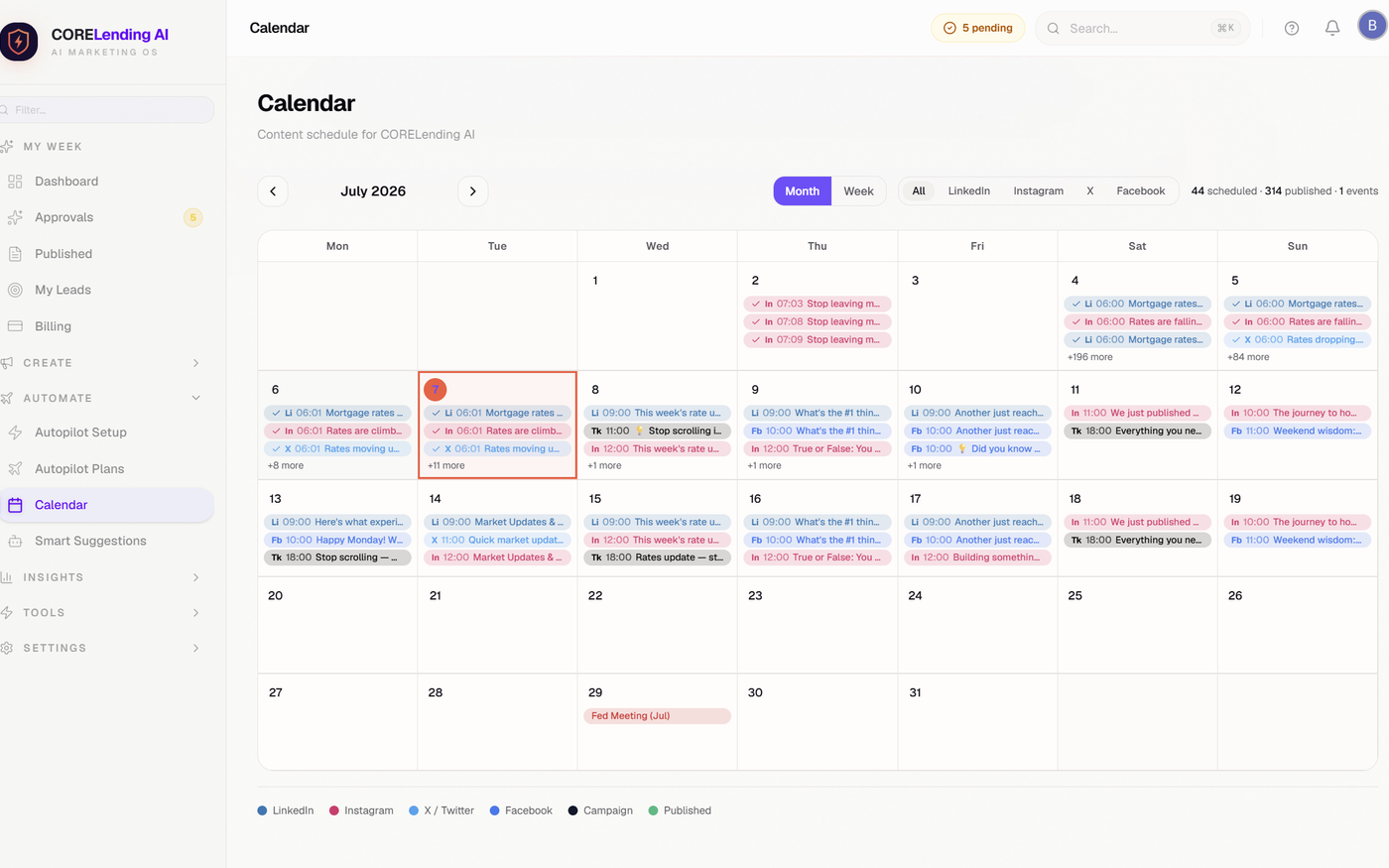 Content calendar with posts scheduled across LinkedIn, Instagram, X, Facebook, and TikTok