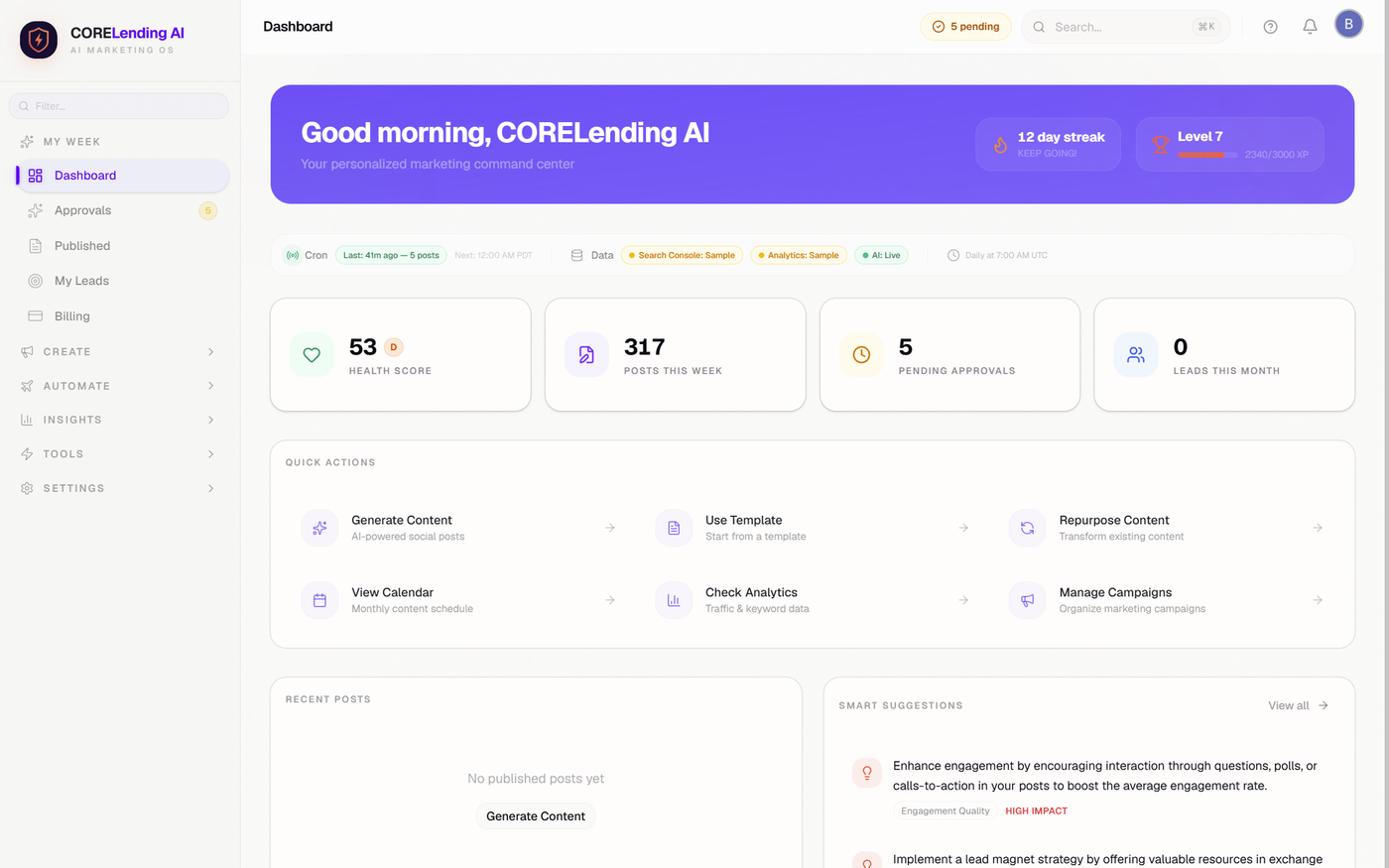 CORELending AI dashboard showing health score, content streak, and AI recommendations