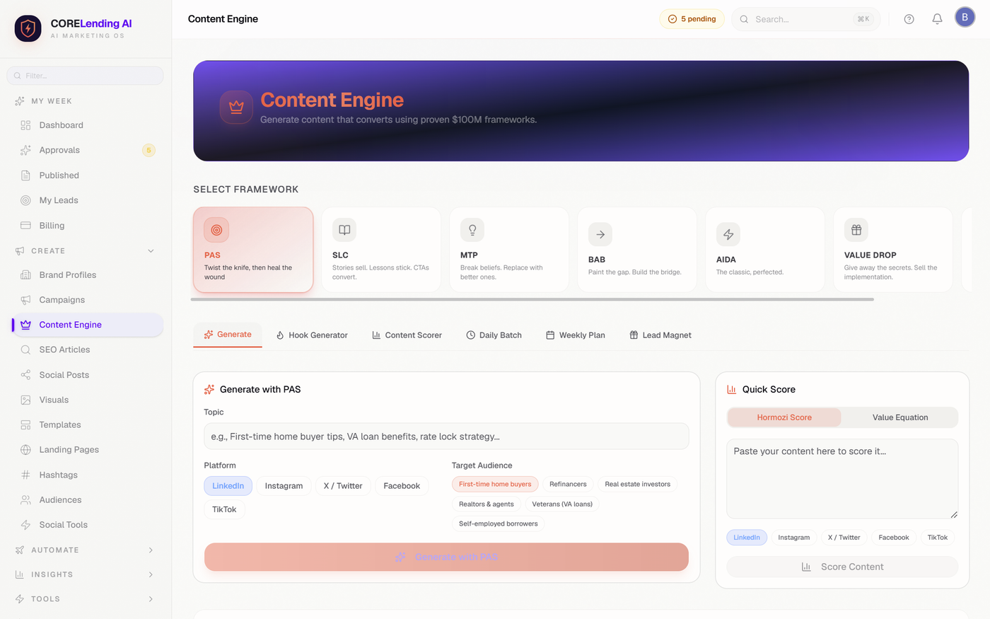 Hormozi Content Engine generating posts using PAS, AIDA, and Grand Slam Offer frameworks